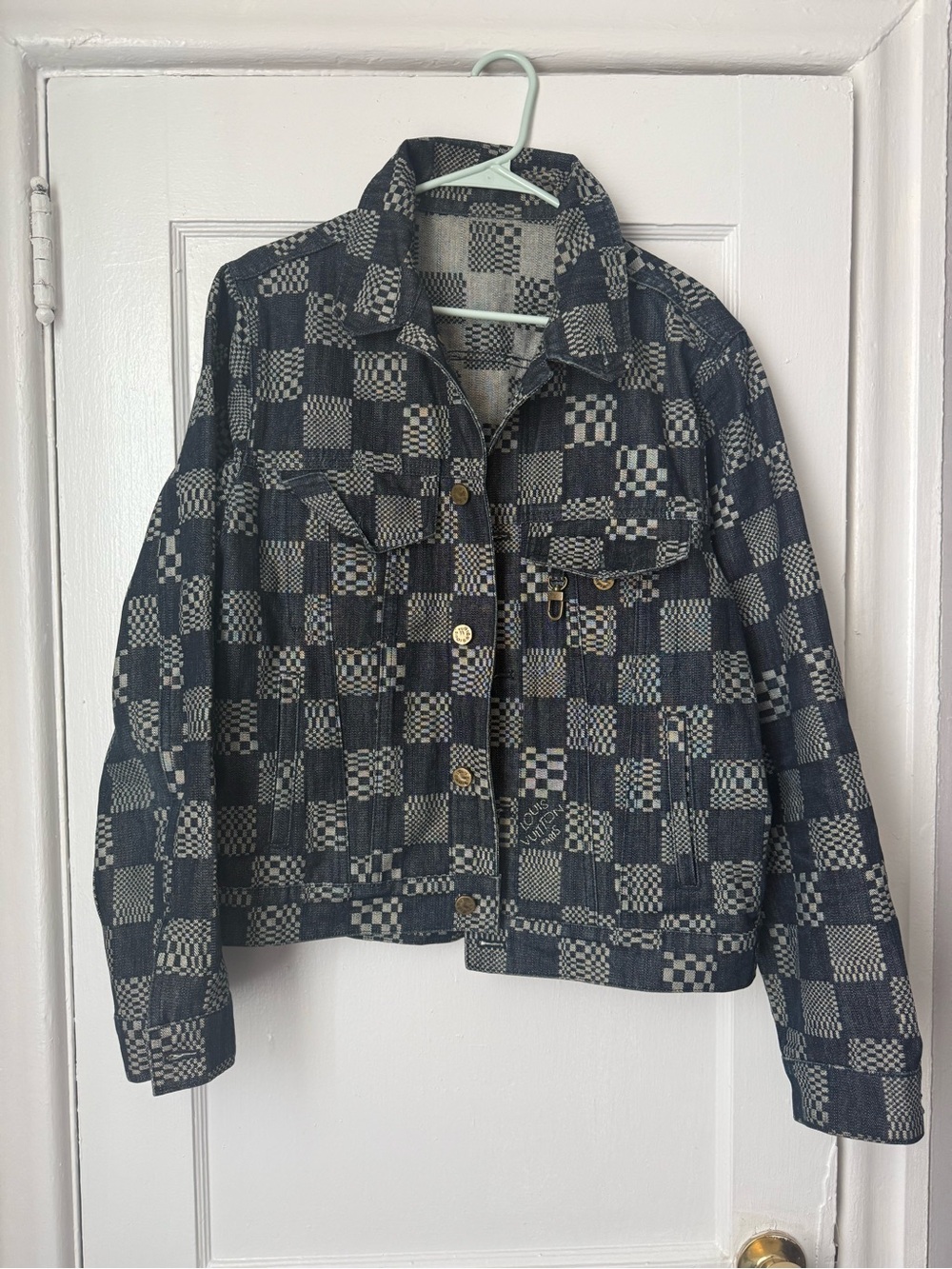 Womens Patterned Check Denim Jacket - Navy